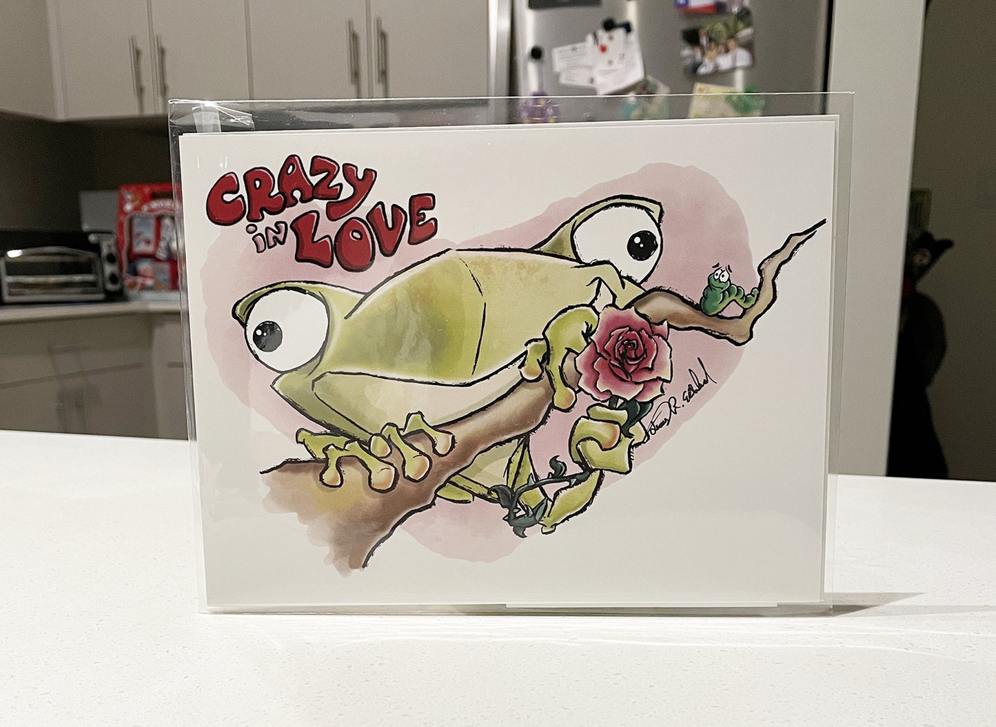 Illustrated Frog print in protective sleeve and backing board.