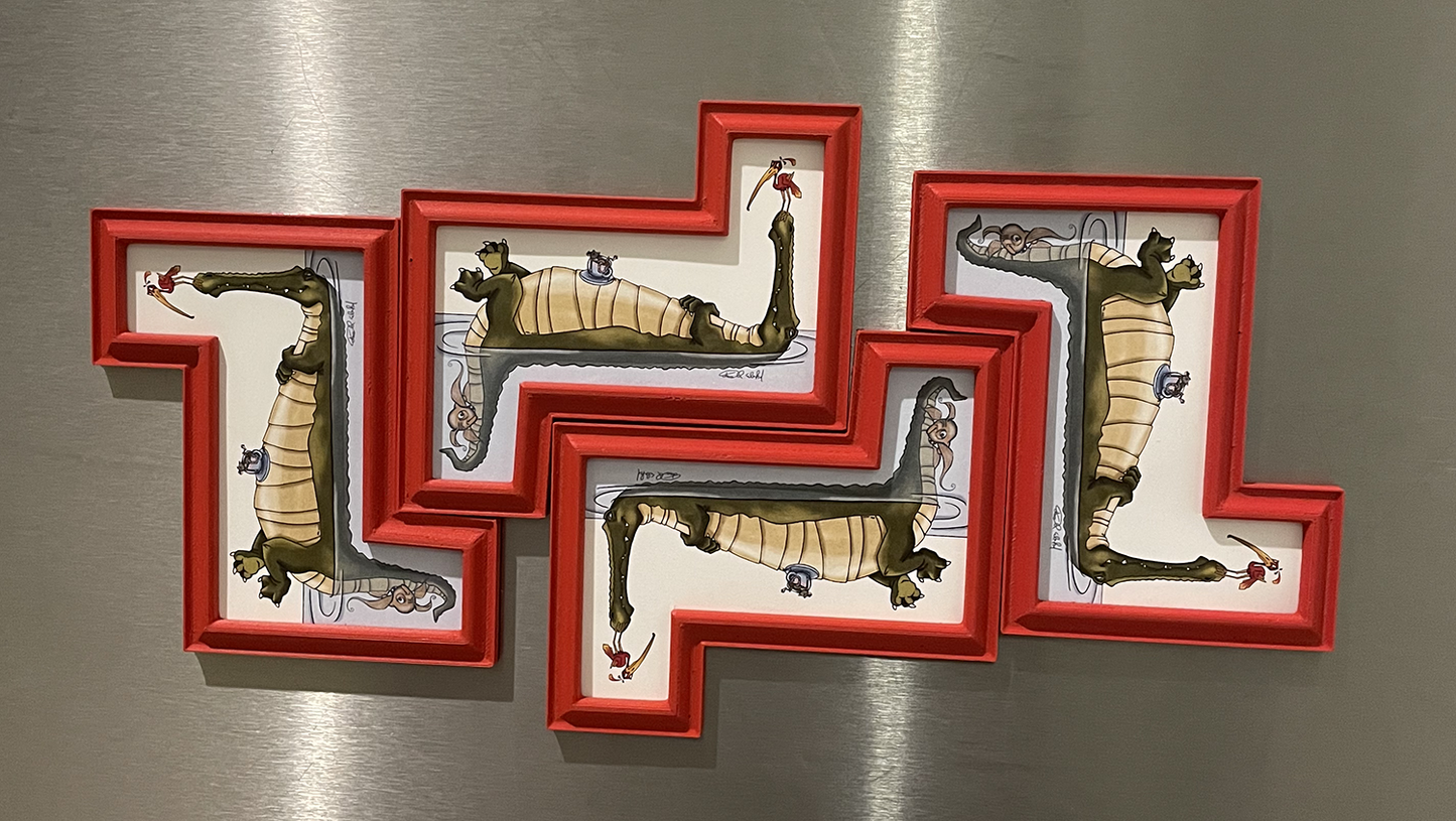 Illustrated Alligator Magnet in a custom designed 3D printed frame.
