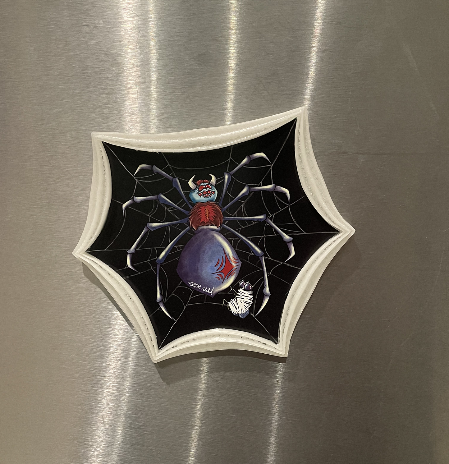 Illustrated Spider Magnet in custom designed, GLOW IN THE DARK, 3D printed frame.