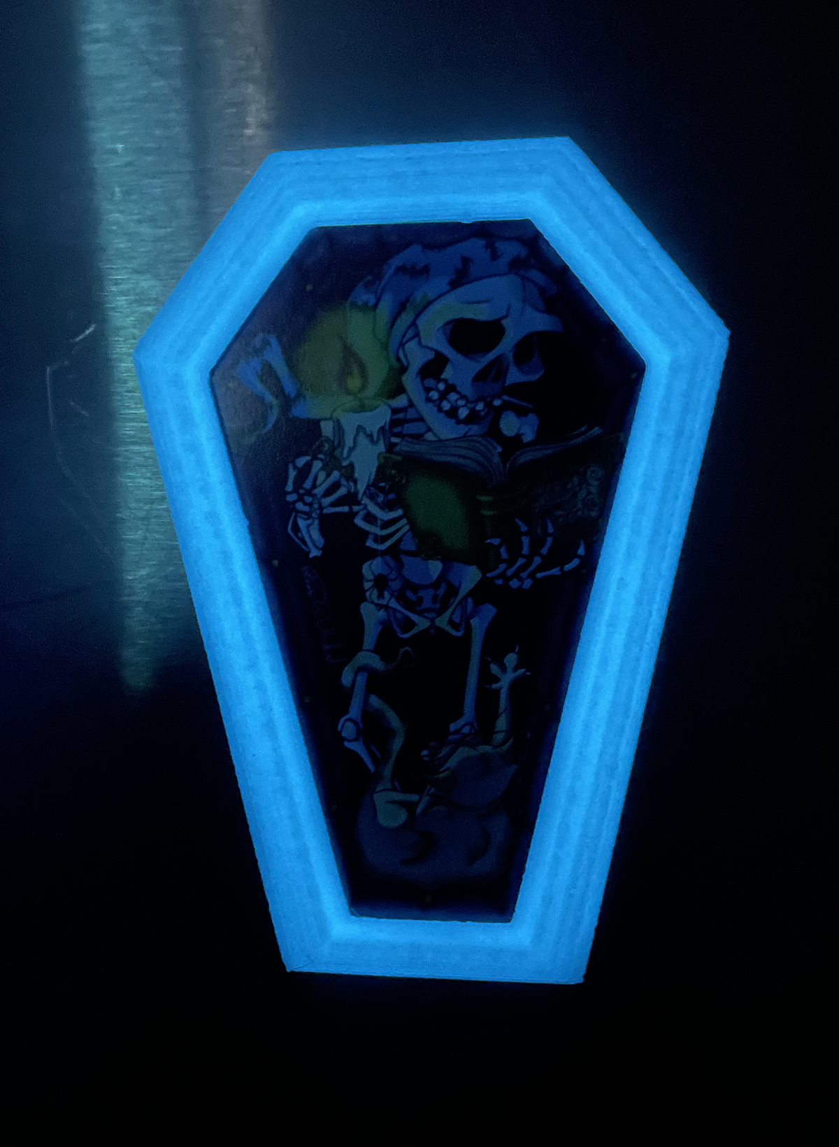 Illustrated Skeleton Magnet in custom designed, GLOW IN THE DARK, 3D printed frame.