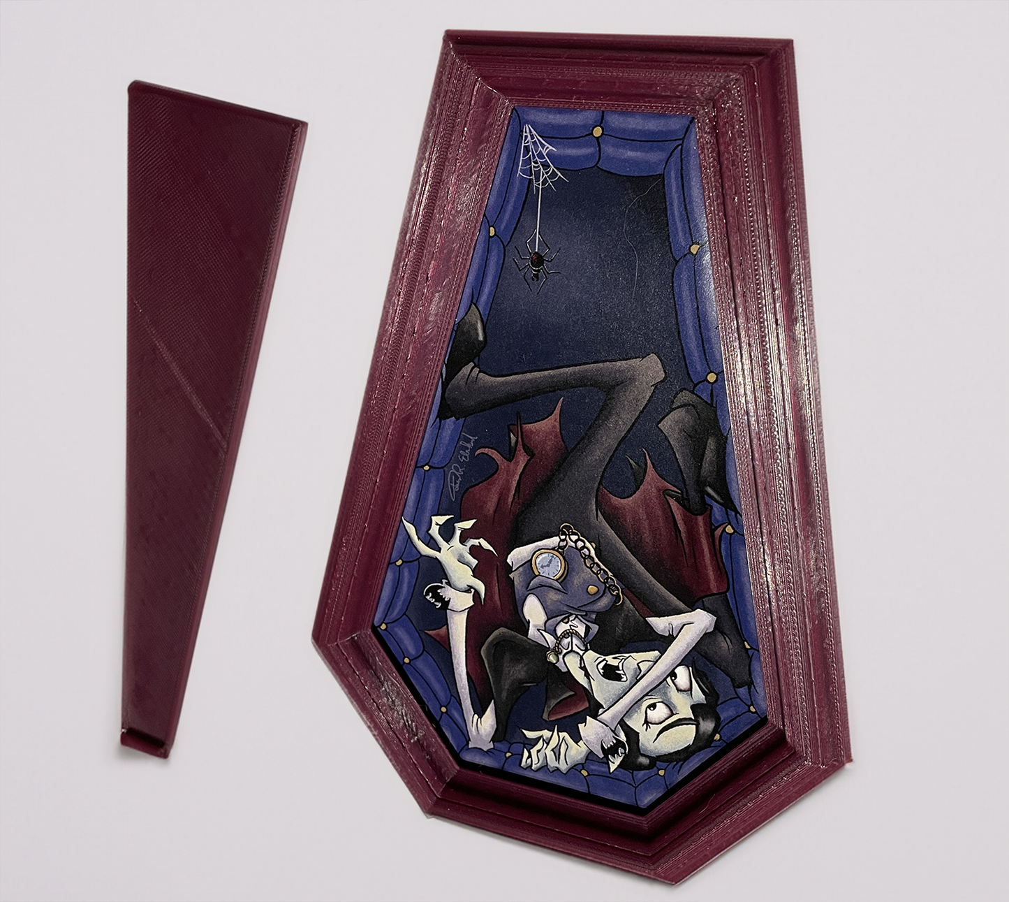 Illustrated Dracula in a custom designed, 3D printed frame.