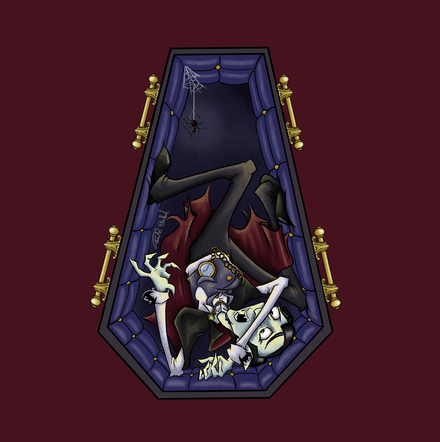 Illustrated Dracula in a custom designed, 3D printed frame.