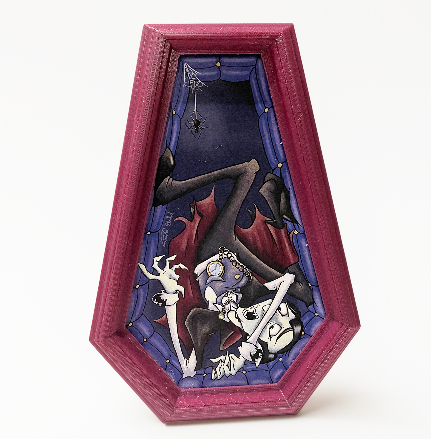 Illustrated Dracula in a custom designed, 3D printed frame.