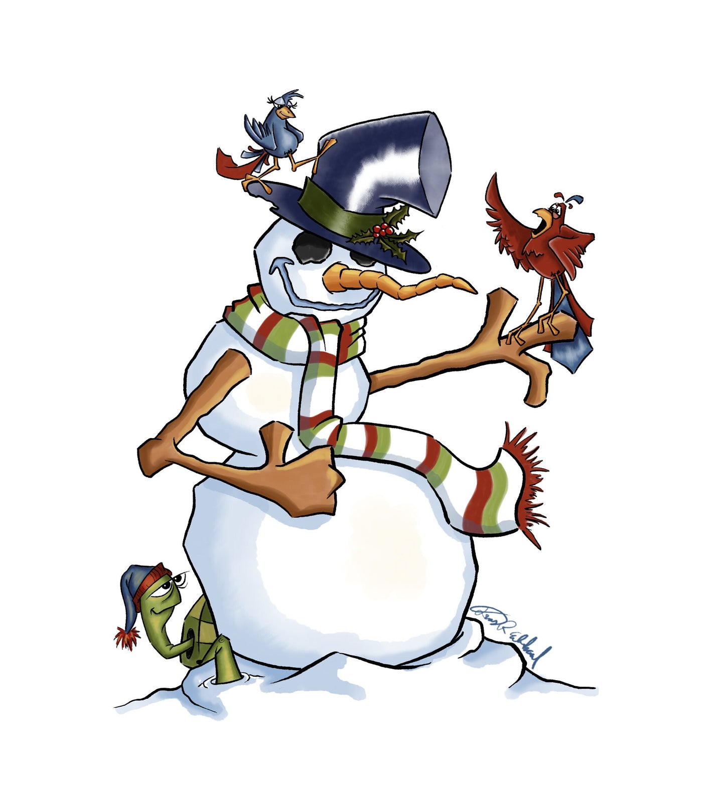 Illustrated Snowman Magnet in custom designed 3D printed frame.